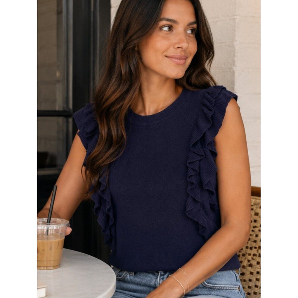 Anthro Knitted & Knotted Navy Feminine Knit Tank Ruffle Sleeve Preppy Classic